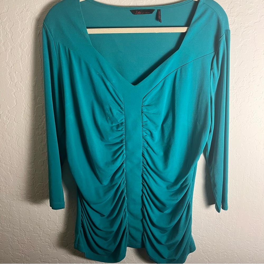 Sofia by Sofia Vergara Teal Ruched V-Neck Blouse
